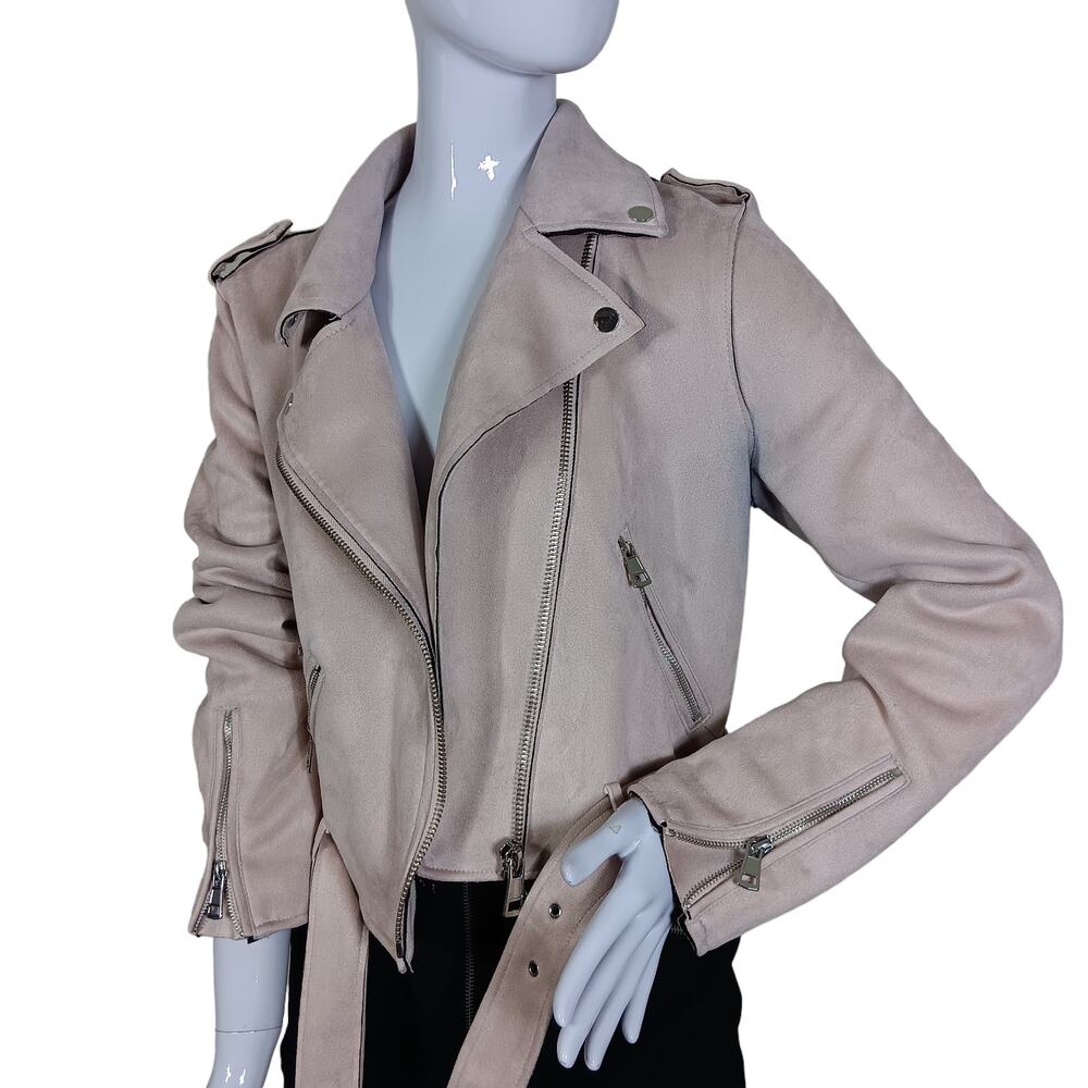 Forever 21 Vegan Suede Moto Jacket Size Large Dusty Rose Cropped Zipper Closure